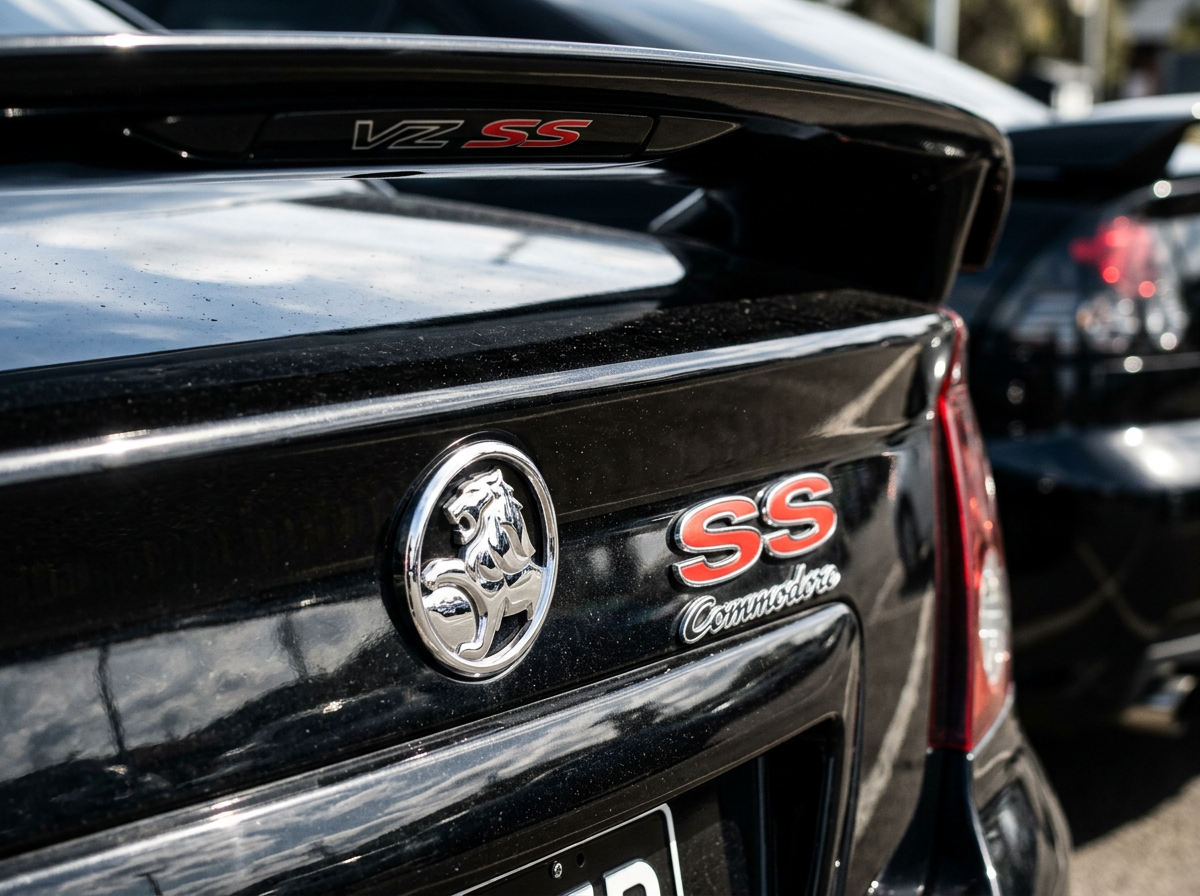Detail view of the rear spoiler and badge of a 2005 Holden Commodore sports variant
