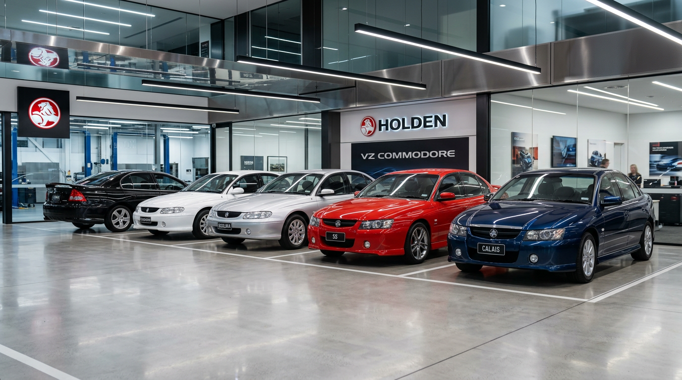 Showroom lineup of 2005 Holden Commodore variants