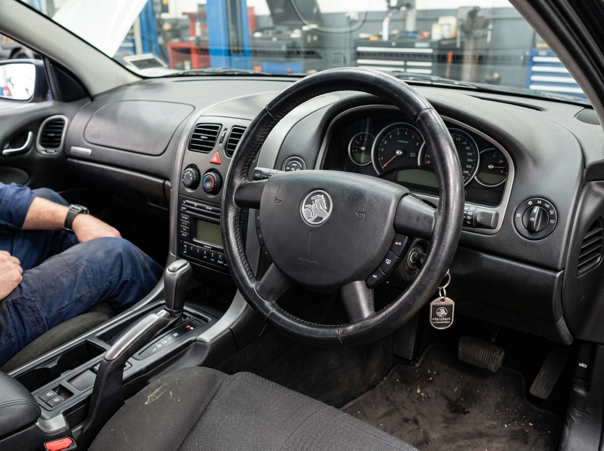 Interior dashboard view of a 2005 Holden Commodore with the Holden lion emblem on the steering wheel
