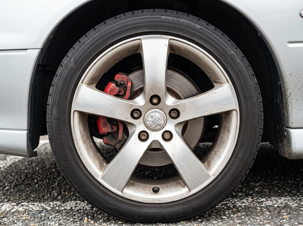 Close up detail of 2005 Holden Commodore alloy wheels and brake assembly